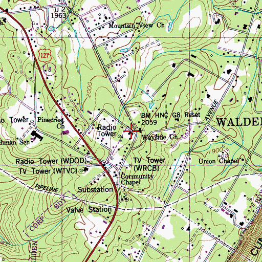 Topographic Map of Walden Town Hall, TN