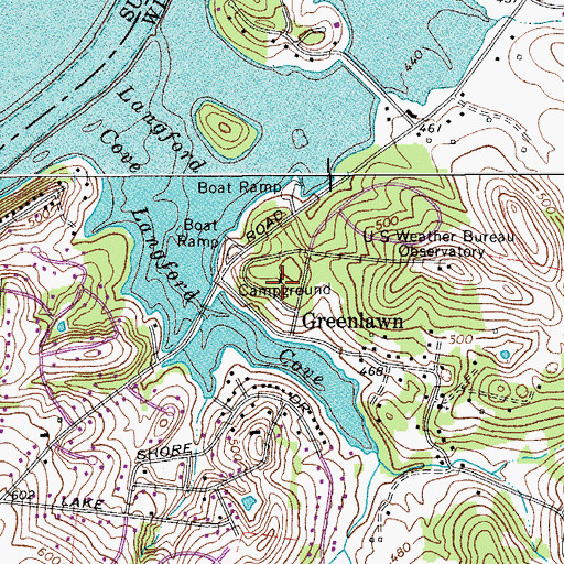 Topographic Map of Shutes Branch Recreation Area, TN