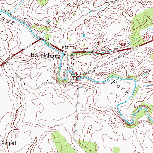 Topographic Map of Harrisburg Covered Bridge, TN