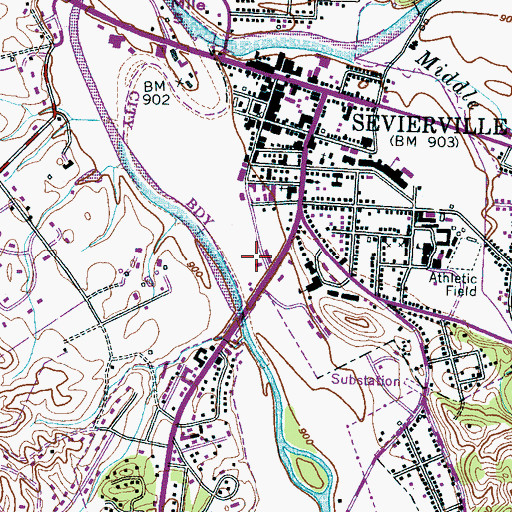 Topographic Map of Rivers Edge Shopping Center, TN