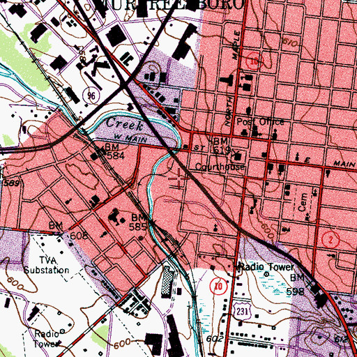 Topographic Map of Cannonsburgh Pioneer Village, TN