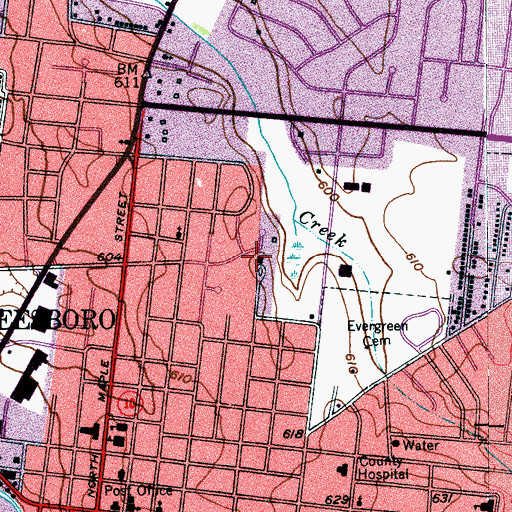 Topographic Map of Oaklands Mansion, TN