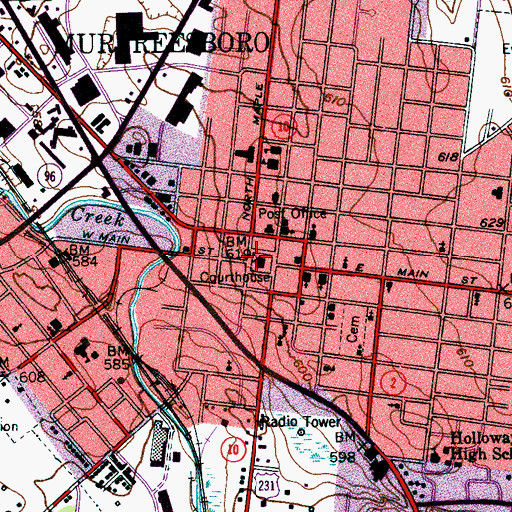 Topographic Map of Rutherford County Courthouse, TN