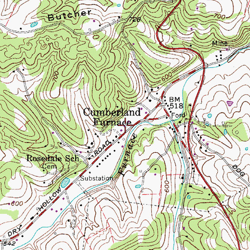 Topographic Map of Cumberland Furnace (historical), TN