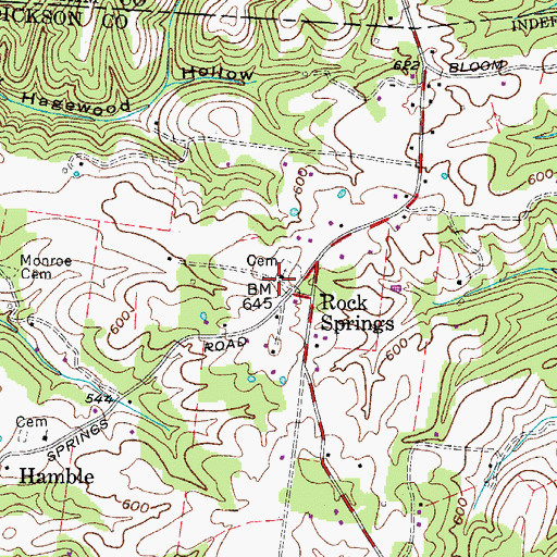 Topographic Map of Rocks Springs Freewill Baptist Church, TN