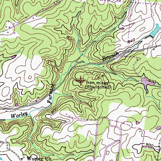Topographic Map of Worley Furnace Mines, TN