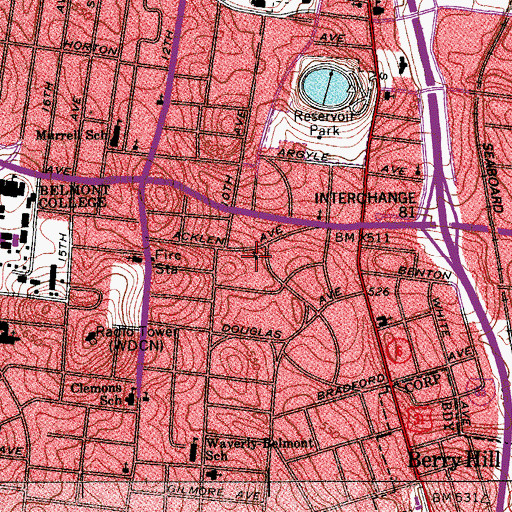 Topographic Map of Acklen Avenue Church of Christ, TN