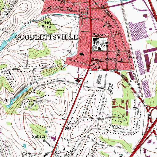 Topographic Map of First Baptist Church, TN