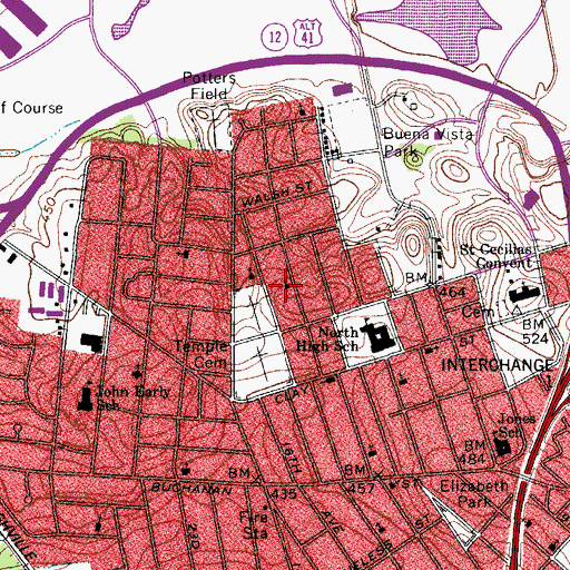 Topographic Map of Fourteenth Avenue Baptist Church, TN