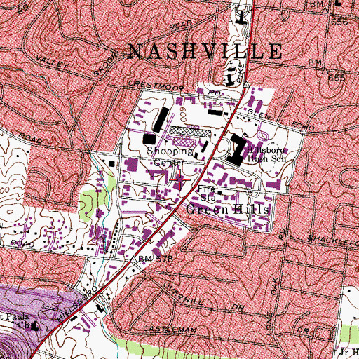 Topographic Map of Green Hills Mall Shopping Center, TN