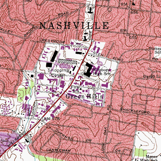 Topographic Map of Hillsboro Plaza Shopping Center, TN