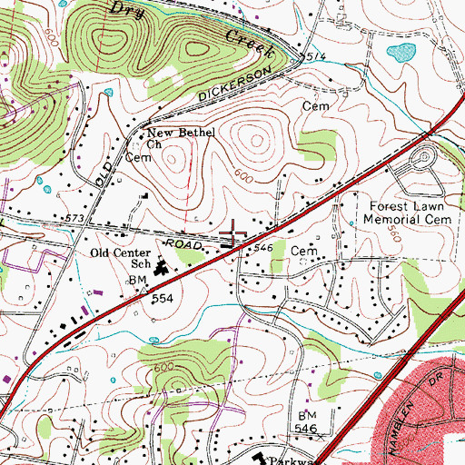 Topographic Map of Old Center Church of Christ, TN