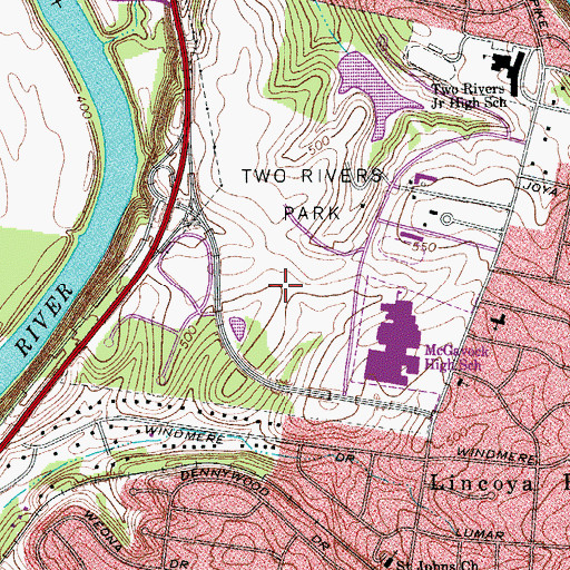 Topographic Map of Two Rivers Golf Club, TN