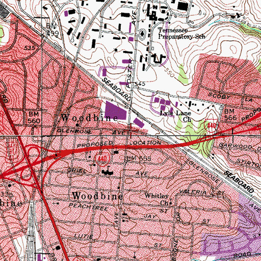 Topographic Map of Woodbine Freewill Baptist Church, TN