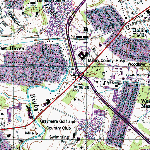 Topographic Map of Maury County Shopping Center, TN