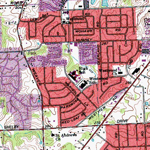 Topographic Map of Westwood High School, TN