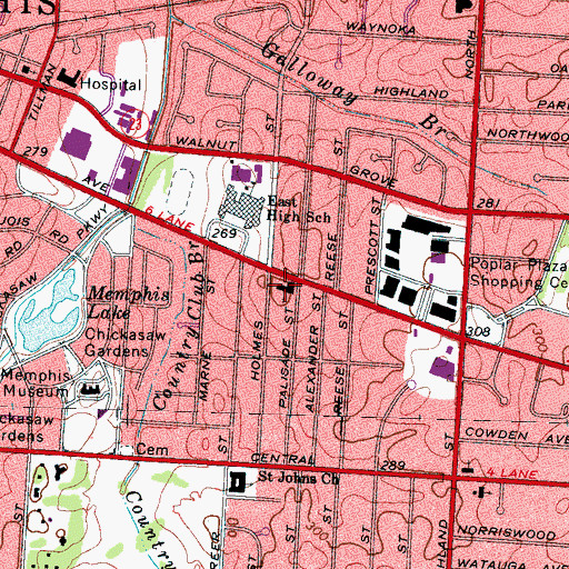 Topographic Map of Poplar Avenue Baptist Church, TN