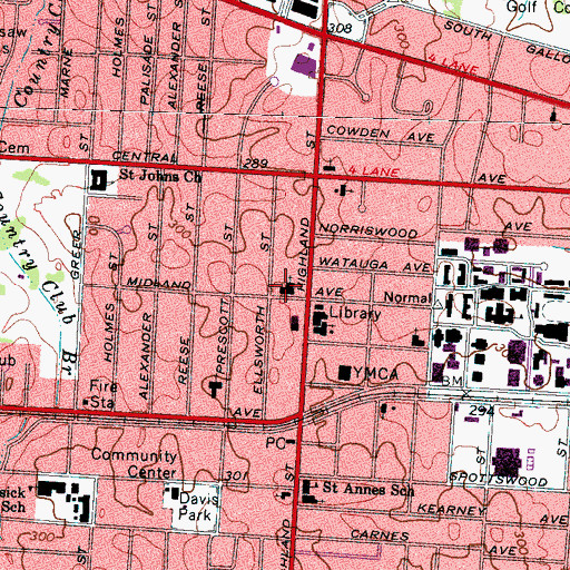 Topographic Map of Highland Street Church of Christ, TN