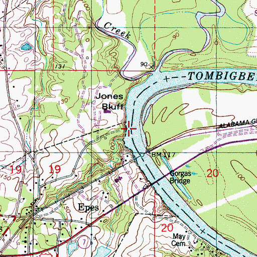 Topographic Map of Jones Bluff Shoals, AL