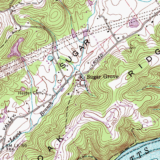 Topographic Map of Sugar Grove Cemetery, TN