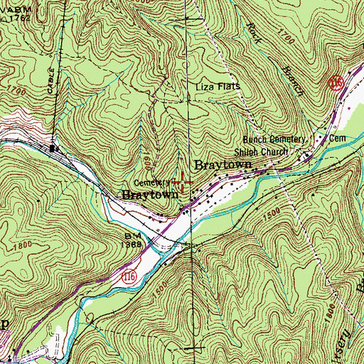 Topographic Map of Braytown Cemetery, TN