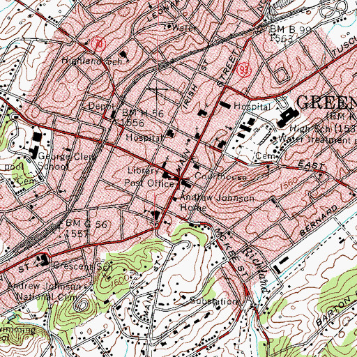 Topographic Map of Greeneville Historic District, TN