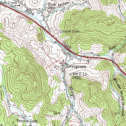 Topographic Map of Evergreen Freewill Baptist Church, TN