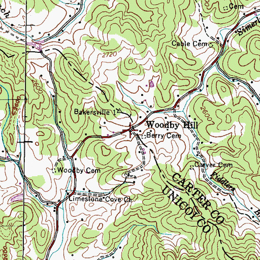 Topographic Map of Woodby Hill Freewill Baptist Church, TN