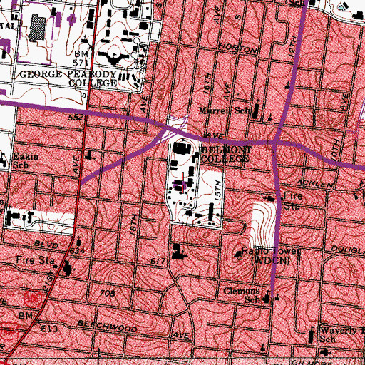 Topographic Map of Belmont University, TN
