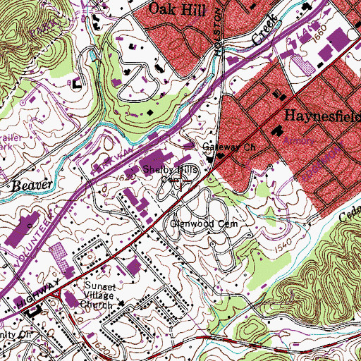 Topographic Map of Shelby Hills Cemetery, TN