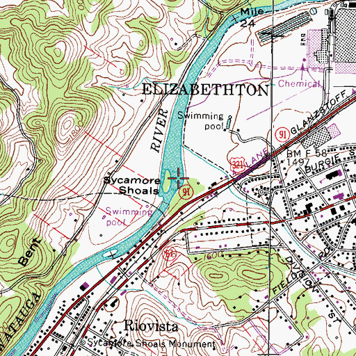 Topographic Map of Sycamore Shoals, TN