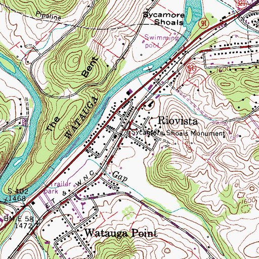 Topographic Map of Sycamore Shoals Monument, TN