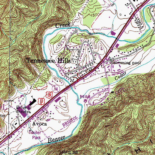 Topographic Map of Tennessee Hills, TN