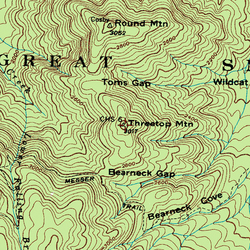 Topographic Map of Three Top Mountain, TN