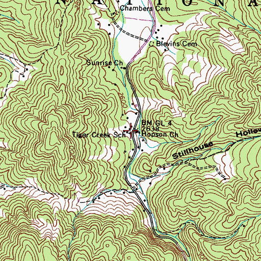 Topographic Map of Tiger Creek School, TN