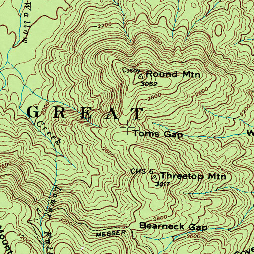 Topographic Map of Toms Gap, TN