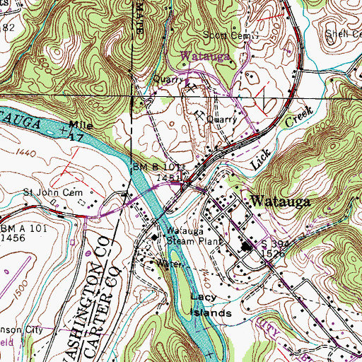 Topographic Map of Watauga, TN