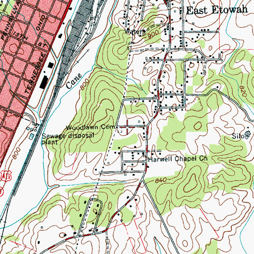 Topographic Map of Woodlawn Cemetery, TN