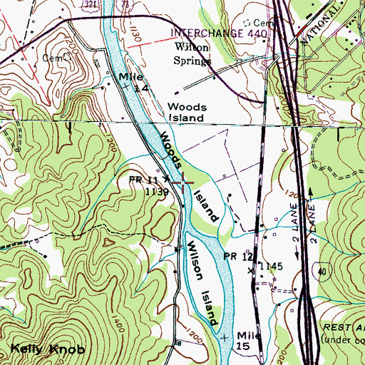 Topographic Map of Woods Island, TN