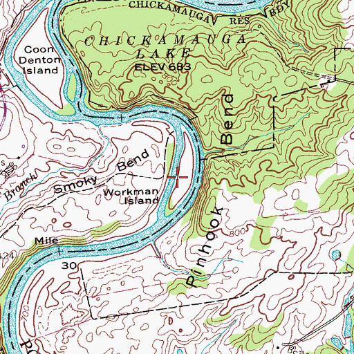 Topographic Map of Workman Island, TN