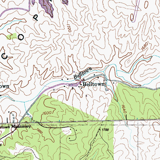 Topographic Map of Belltown, TN