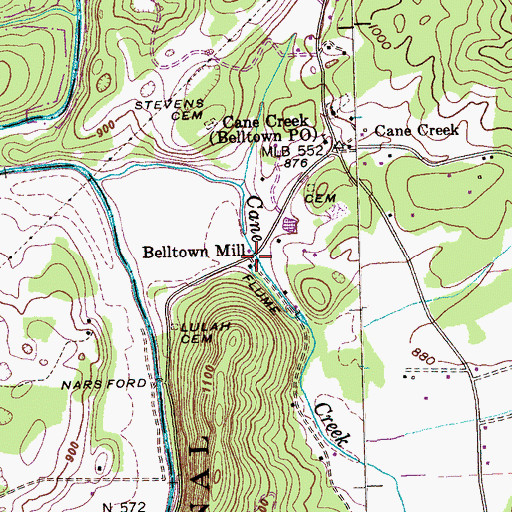 Topographic Map of Belltown Mill, TN