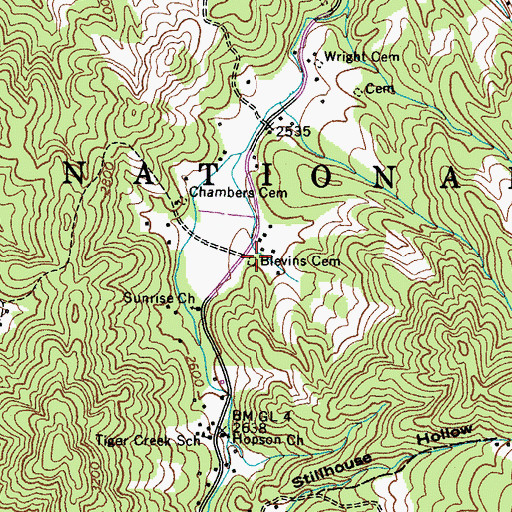 Topographic Map of Blevins Cemetery, TN