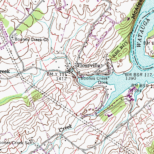 Topographic Map of Boones Creek, TN