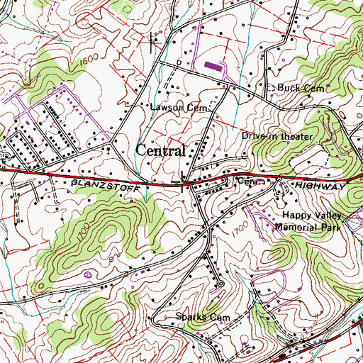 Topographic Map of Central, TN