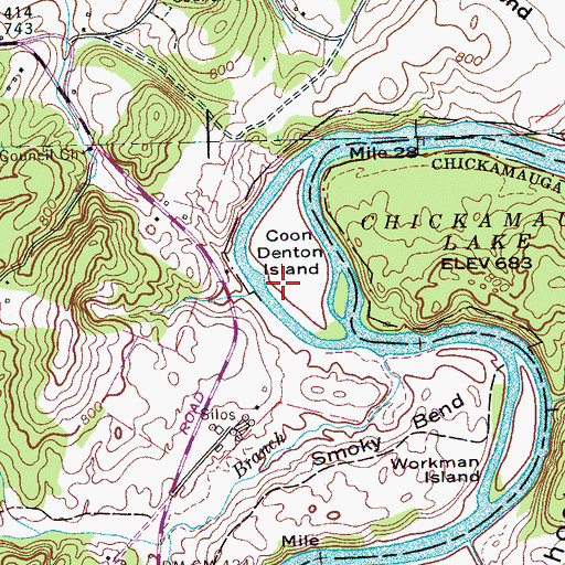 Topographic Map of Coon Denton Island, TN