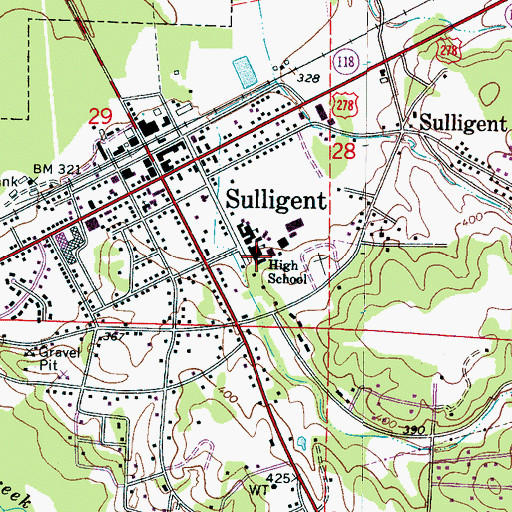 Topographic Map of Sulligent High School, AL