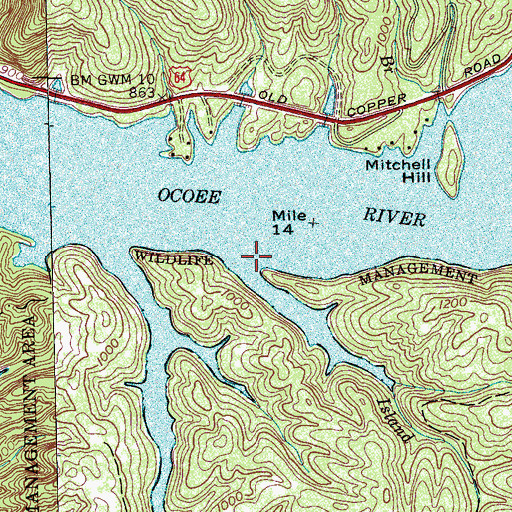 Topographic Map of Island Creek, TN