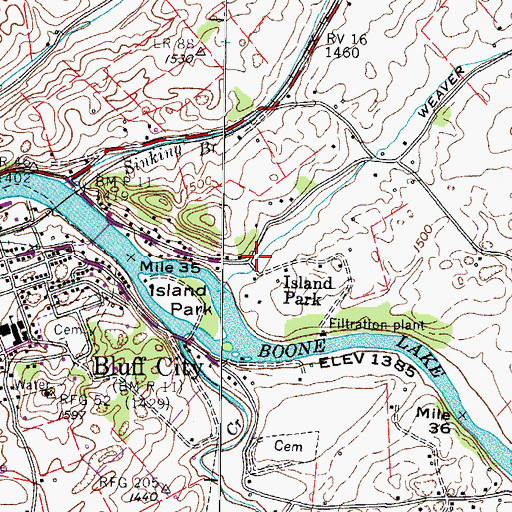 Topographic Map of Island Park, TN