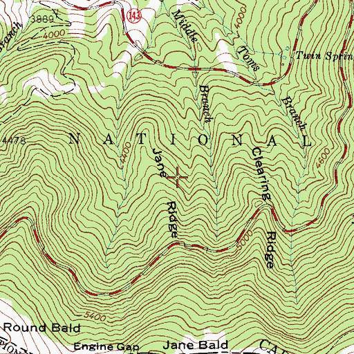 Topographic Map of Jane Ridge, TN